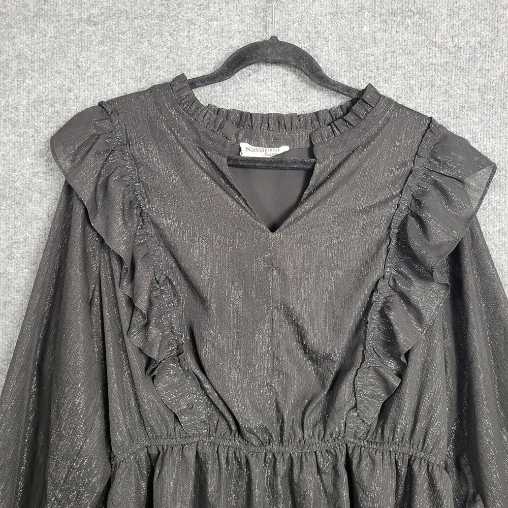 SAVANNA JANE Black Long Sleeve Metallic Glitter Ruffle Top Feminine SIZE 3X - Picture 3 of 11